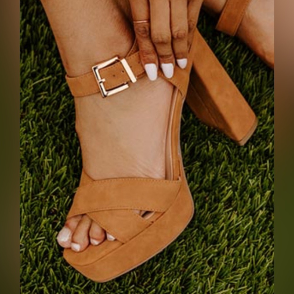 Camel/Tan High Heel Platform Suede Sandals - Size 8.5 - Picture 2 of 7